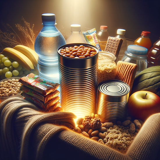 best-foods-for-emergency-survival and open can of beans, water bottle, noodles and grains rice laid out